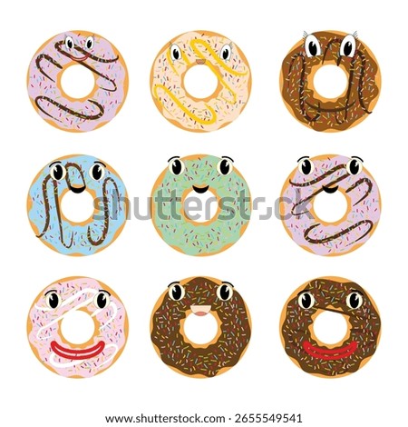 vector of set funny cartoon chocolate donuts, pink topping, blue topping and matcha topping