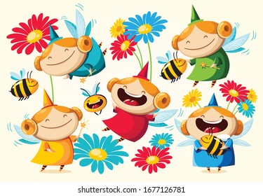 Vector set of funny cartoon colorful fairies, flowers and funny bee