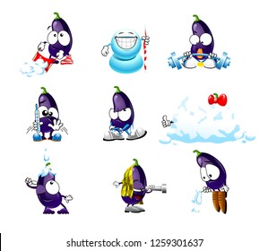 vector set of funny cartoon cute eggplant smiles 
