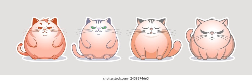 Vector set of funny cartoon cute chubby serious sitting kittens. Collection of stickers or icons. Adorable pets. Fat arrogant and beautiful cats.