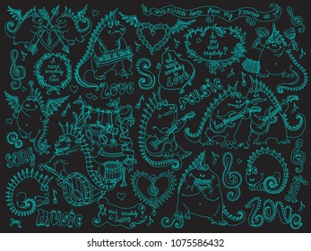 Vector set of funny cartoon dragons playing music and singing a song. Turquoise green outline contour doodle drawing on a black background. Tee shirt print, album cover, musical  concert poster