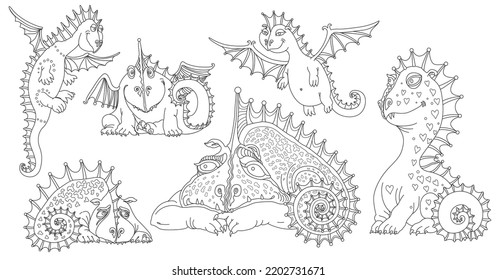 Vector set of funny cartoon dragons. Adults and children coloring book page