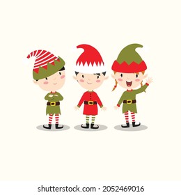 Vector set of funny cartoon elves. Little people. Santa's helpers.