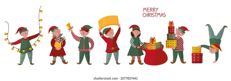 Vector set of funny cartoon elves with gifts. Little people. Santa's helpers. Merry Christmas banner