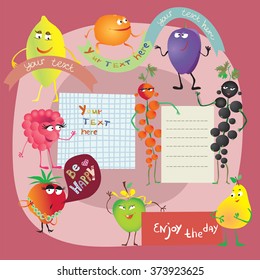 Vector set of funny cartoon fruits and berries with bubbles, frames, text, wishes and leaves a notebook for notes in the hands.
The original fruit characters.