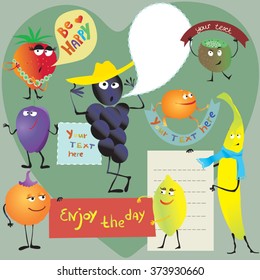 Vector set of funny cartoon fruits and berries with bubbles, frames, text, wishes and leaves a notebook for notes in the hands.
The original fruit characters for design, website, greetings,
logo.