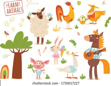 Vector set of funny cartoon hand drawn farm animals. Great for your design ideas, cards, posters and kids room decoration. 