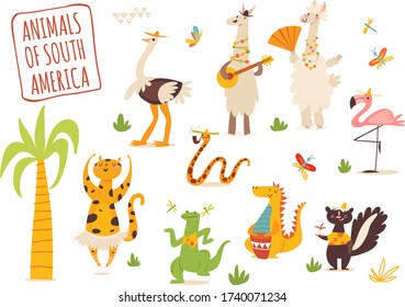 Vector set of funny cartoon hand drawn animals of South America. Great for your design ideas, cards, posters and kids room decoration. 