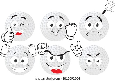 Vector set of funny cartoon icons in the shape of a golf ball. Perfect for printing on mugs, T-shirts, leaflets, posters.