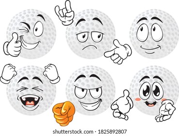Vector set of funny cartoon icons in the shape of a golf ball. Perfect for printing on mugs, T-shirts, leaflets, posters.