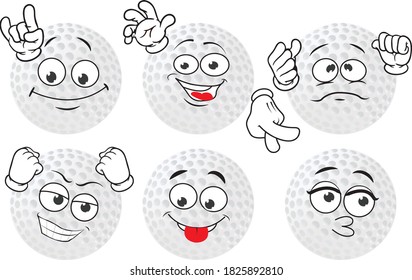Vector set of funny cartoon icons in the shape of a golf ball. Perfect for printing on mugs, T-shirts, leaflets, posters.
