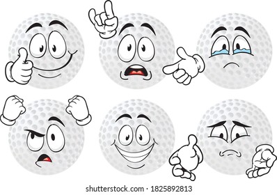 Vector set of funny cartoon icons in the shape of a golf ball. Perfect for printing on mugs, T-shirts, leaflets, posters.