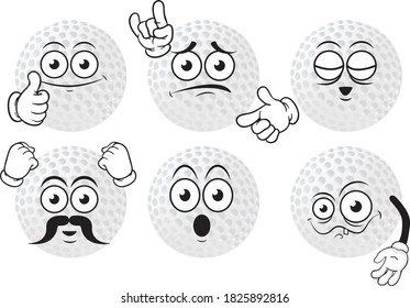Vector set of funny cartoon icons in the shape of a golf ball. Perfect for printing on mugs, T-shirts, leaflets, posters.