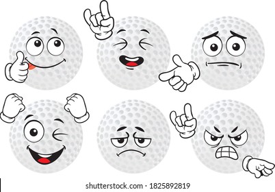 Vector set of funny cartoon icons in the shape of a golf ball. Perfect for printing on mugs, T-shirts, leaflets, posters.