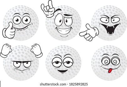 Vector set of funny cartoon icons in the shape of a golf ball. Perfect for printing on mugs, T-shirts, leaflets, posters.