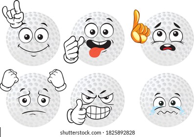 Vector set of funny cartoon icons in the shape of a golf ball. Perfect for printing on mugs, T-shirts, leaflets, posters.