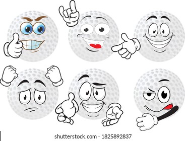 Vector set of funny cartoon icons in the shape of a golf ball. Perfect for printing on mugs, T-shirts, leaflets, posters.