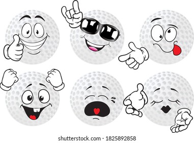 Vector set of funny cartoon icons in the shape of a golf ball. Perfect for printing on mugs, T-shirts, leaflets, posters.