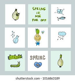 Vector set of funny cartoon images bulbs with colors in clothes, with arms and legs, with emotions and cute spring items. Creation. For cards, notes, stickers, labels, tags with Spring illustrations. 