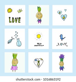 Vector set of funny cartoon images bulbs with colors in clothes, with arms and legs, with emotions on a white background and cute spring items. Creation. For cards, notes, stickers, labels, tags