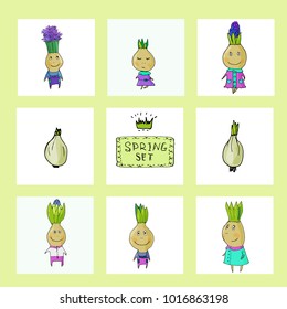 Vector set of funny cartoon images bulbs with colors in clothes, with arms and legs, with emotions and cute spring items. Creation. For cards, notes, stickers, labels, tags with Spring illustrations. 