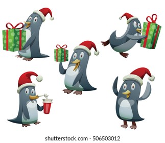 Vector set of funny cartoon images of black-white penguins in red Santa hats with green gifts in the wings, with different actions and emotions on a white background. Holiday, New Year, Christmas. 