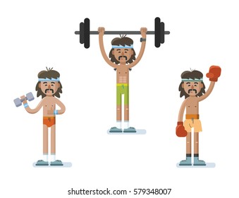Vector set of funny cartoon man characters doing exercise, sport gym icons  