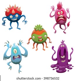 Vector set of funny cartoon monsters. Various monsters of different colors on a white background. Cartoon different monsters. Set of monsters. Vector cartoon monsters. Vector illustration.