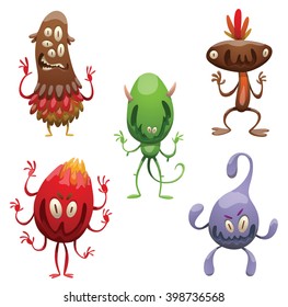 Vector set of funny cartoon monsters. Various monsters of different colors on a white background. Cartoon different monsters. Set of monsters. Vector cartoon monsters. Vector illustration.