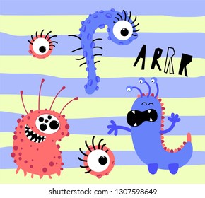 Vector set of funny cartoon monters and bacterias, viruses. Childish design element good for card, textile, t-shirt, garments, stickers, phone case.