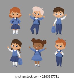 Juego de vectores de divertidas caricaturas escolares y colegialas uniformadas con mochilas en diferentes poses. De vuelta a la escuela, concepto de educación.