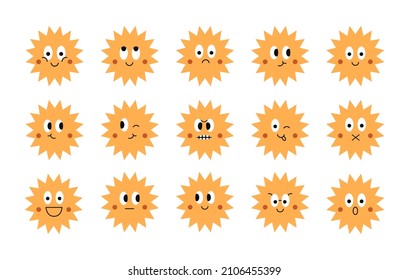 Vector set funny cartoon sun icon isolated on a white background. Trendy comic sun characters.