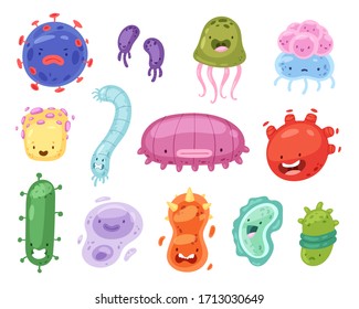 Vector set of funny cartoon virus, bacteria, germ, microbe or pathogen character set. Emoticon monsters of bacterial infection or illness in microbiology illustration isolated on white background