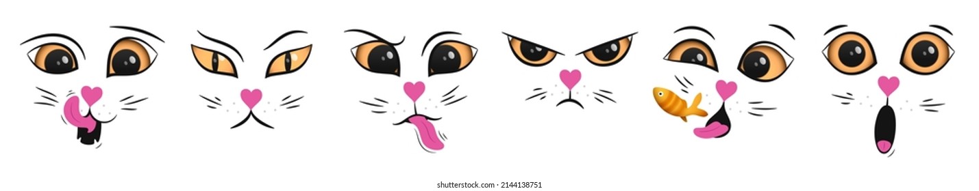 Vector set of funny cat face emotions isolated on white background.