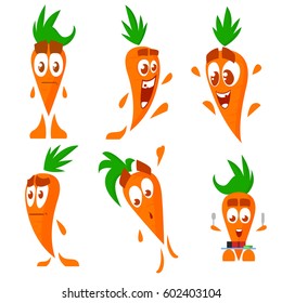 Vector set of funny character carrot with many different emotions. Isolated on white background. Stickers.
