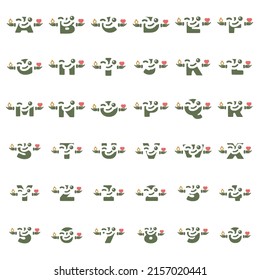 Vector set of funny character letters and numbers with ring and heart symbol isolated on white background.