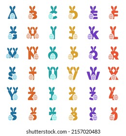 Vector set of funny character letters and numbers with bunny ears and egg isolated on white background.