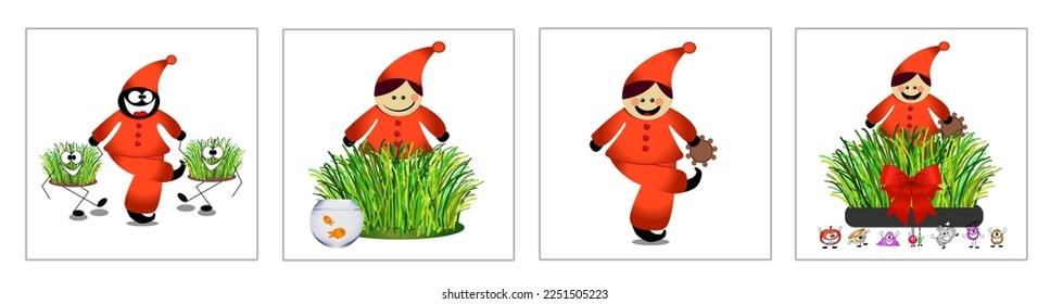 Vector set of funny characters dancing, with Haft Seen elements, green grass, goldfish, apple. Happy Nowruz, Nowruz is the first day of spring and the beginning of new year in Persian calendar.