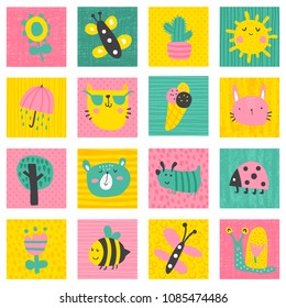 vector set of funny children cards with cute characters