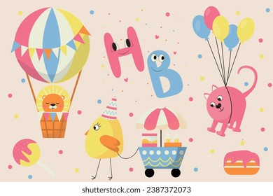 Vector set of funny children's birthday illustrations. A cat with balloons, a lion in a basket, a chicken with a cart, a festive cake, a lollipop, a short inscription Happy Birthday