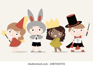 Vector set of funny childrens dressed up in carnival costume princess, hare, magician and sorceress.