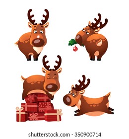 Vector set of funny Christmas deer in different poses. Isolated on white