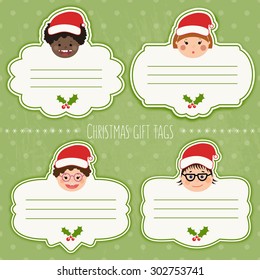 Vector set of funny christmas gift tags for presents with children's smiling faces. Boys and girls with different color skin, hairstyles, braces and glasses.