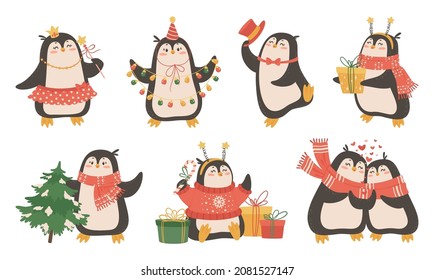 Vector set of funny Christmas penguins. New year cartoon illustration. Isolated objects on a white background.