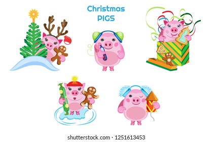Vector set of funny Christmas piglets on a transparent background