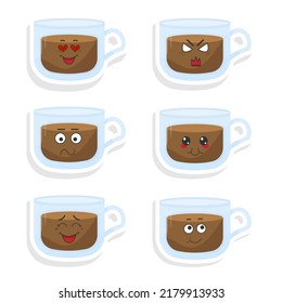 Vector Set Of Funny Coffee Mug Stickers With Kawaii Emotions. Kawaii Faces. Vector Illustration On White Background