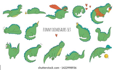 Vector set of funny colored dinosaurs in different poses. Comic dino concept in cartoon style. Doodle drawing of sarcastic reptiles
