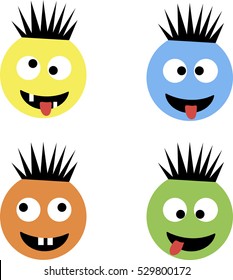 Vector set of funny crazy smiles with tooth and tongue in crown colored different emotions