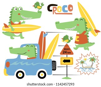 Vector set of funny crocodile cartoon carrying surfboard with little bird, crocodile on car carrying surfboard.