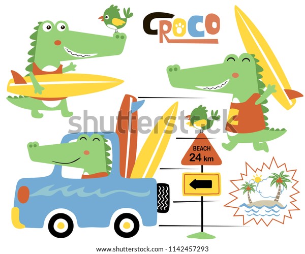 Vector set of funny crocodile\
cartoon carrying surfboard, crocodile on car with with\
surfboard.